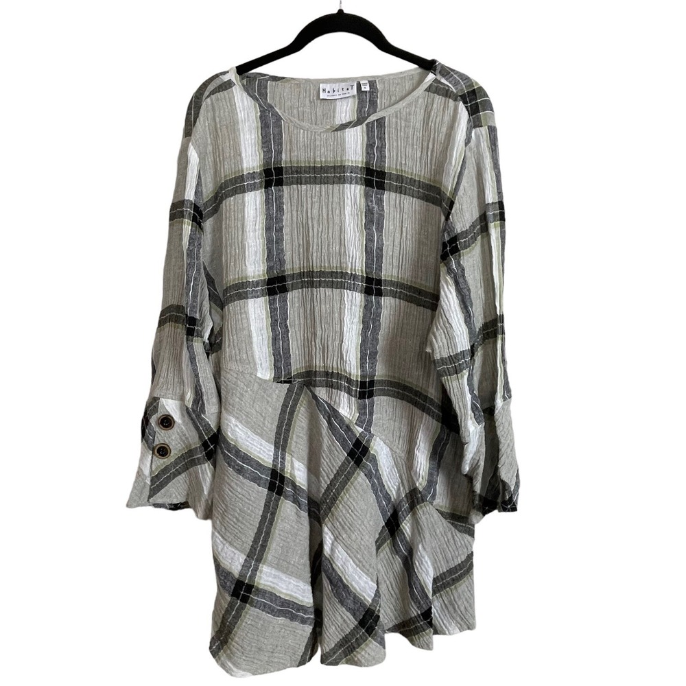 Habitat Plaid Tunic Women XL Taupe Gray Linen Blend Crinkle Lagenlook Top